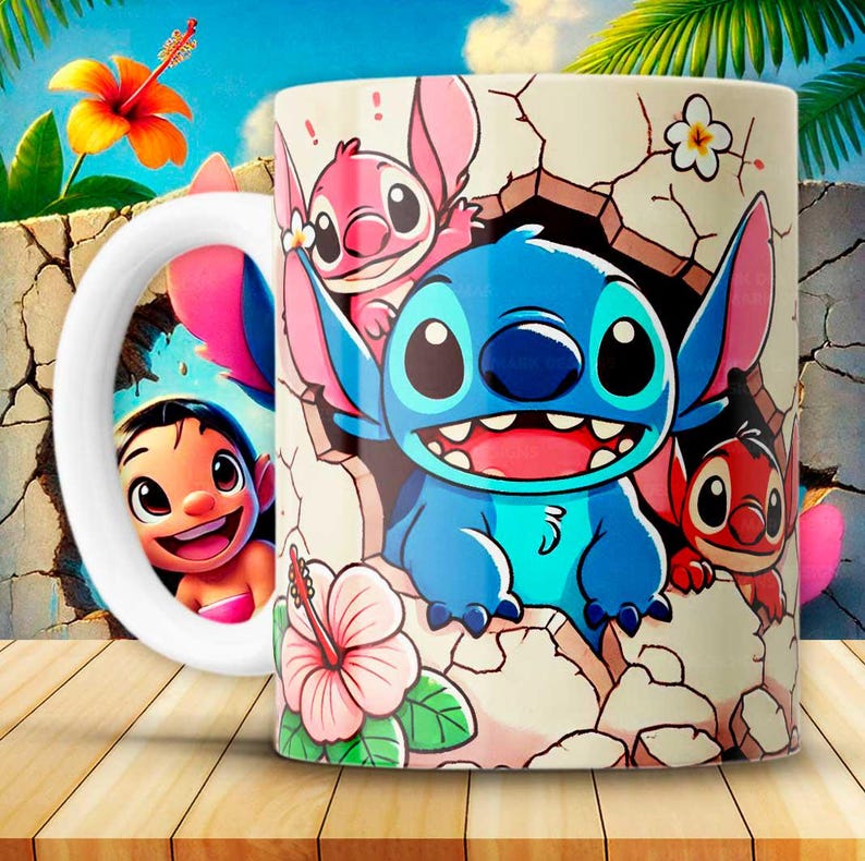 May include: White ceramic mug featuring a colorful cartoon design of Stitch and other characters. The mug has a white handle and a vibrant illustration of the characters in a tropical setting with flowers and palm leaves.