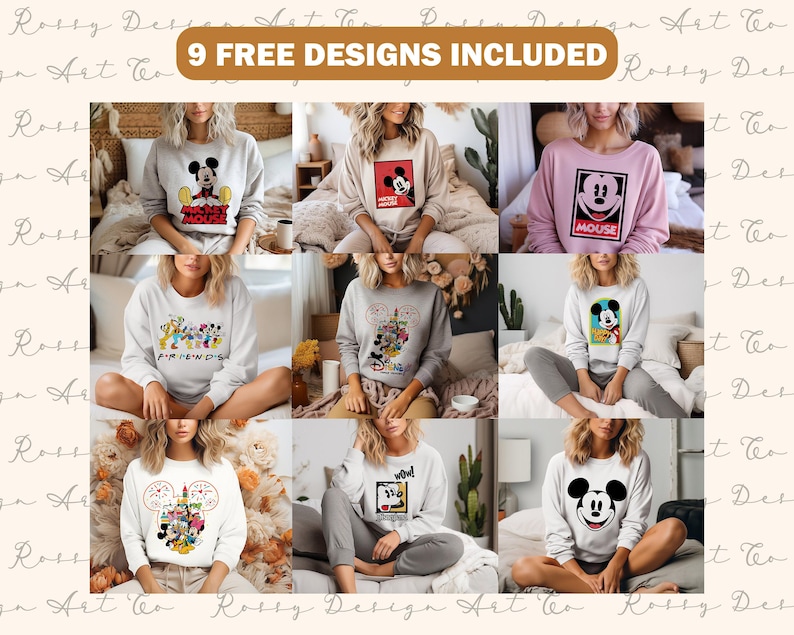May include: Nine different designs for sweatshirts featuring Mickey Mouse and other Disney characters. The sweatshirts are white, gray, and pink. The designs include Mickey Mouse, Minnie Mouse, Donald Duck, Goofy, and Pluto. The text "9 FREE DESIGNS INCLUDED" is displayed at the top of the image.