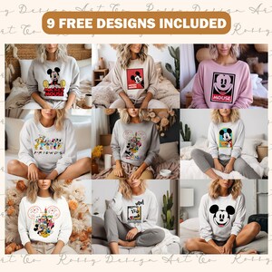 May include: Nine different designs for sweatshirts featuring Mickey Mouse and his friends. The designs include Mickey Mouse, Mickey Mouse and friends, and a variety of other Disney characters. The sweatshirts are available in a variety of colors, including white, gray, and pink.