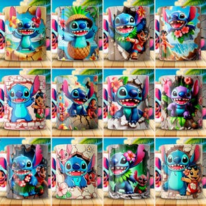 Bundle Stitch Mug PNG Design, 3D Tropical Cartoon Style, Lilo & Stitch Sublimationsdatei, Lustige druckbare Tassenverpackung, Digitaler Download, lustig