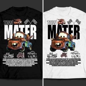 May include: Black and white t-shirt with a graphic of Tow Mater from the Cars movie. The text "Tow Mater" is printed in white on the shirt. The shirt has a checkered flag design on the top right corner.