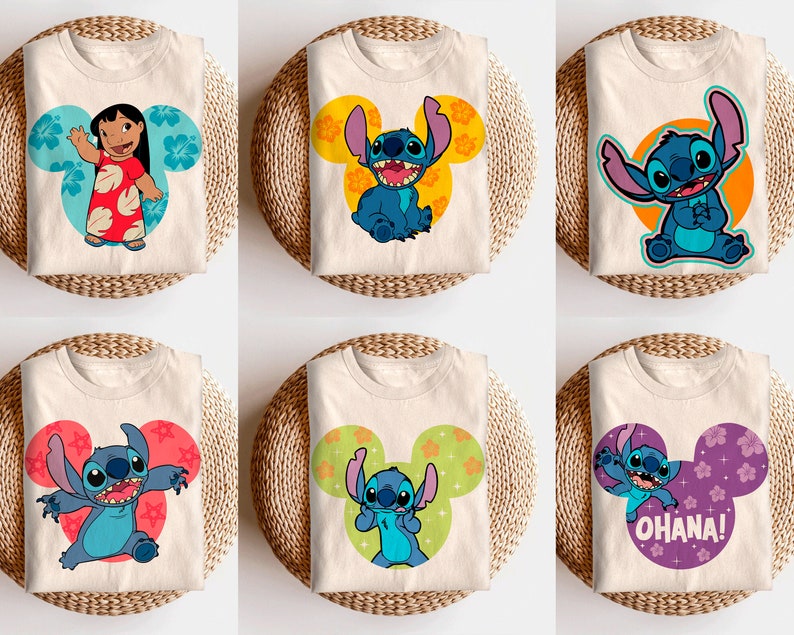 May include: Six white t-shirts with different Disney Lilo & Stitch designs. The designs feature Stitch in various poses with a Mickey Mouse ear outline. One shirt features Lilo in a hula skirt.
