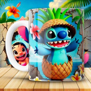 Maschenbecher PNG Design, 3D Tropischer Cartoon Stil, Lilo & Stitch Sublimationsdatei, Lustige druckbare Tassenverpackung, Digitaler Download Sofortiger Download