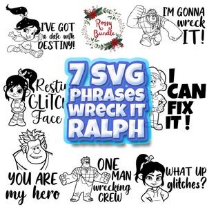 May include: Black and white digital illustrations featuring characters and phrases from the movie "Wreck-It Ralph." Includes images of Vanellope, Ralph, and other characters with phrases like "I'm gonna wreck it!" and "You are my hero."