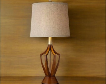Mid Century Modern Table Lamp Wood Brown Open Vase Taupe Fabric Drum Shade for Bedroom Living Room House Bedside Nightstand.