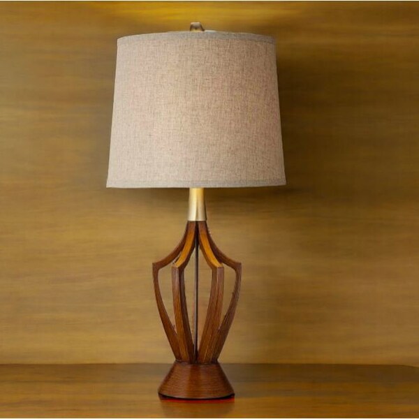 Mid Century Modern Table Lamp Wood Brown Open Vase Taupe Fabric Drum Shade for Bedroom Living Room House Bedside Nightstand.