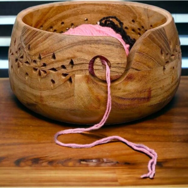 Wood Yarn Bowl Holder |Handmade Crocheting Accessories and Supplies Organizer (7" x 7" x 4")