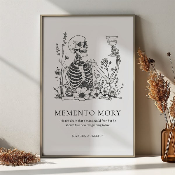 Memento mori print, artistic poster, stoic Wall Art, memento, stoic philosophy, Marcus Aurelius, skeletal motif, ancient philosopher print