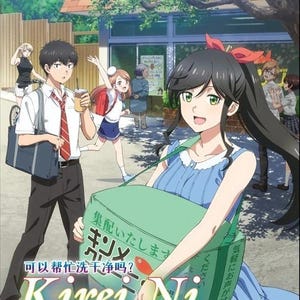 Puede incluir: Ilustración de anime que presenta a varios personajes en una escena callejera. Una mujer con un vestido azul lleva una caja verde con texto en japonés. La imagen incluye el texto "Kirei Ni Shitemoraemasu Ka" y otras frases en japonés. Otros personajes están en el fondo.