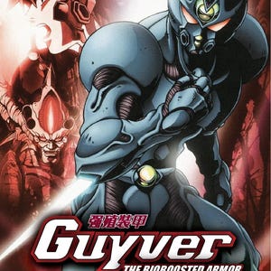 Puede incluir: Portada de DVD de "Guyver: The Bioboosted Armor". La imagen presenta una figura futurista blindada en tonos azules y grises, sosteniendo una espada brillante. El título y los detalles del episodio se muestran prominentemente en rojo y blanco.