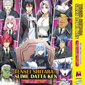 Może przedstawiać: Okładka pudełka DVD z anime "転生したらスライムだった件" (Tensei Shitara Slime Datta Ken). Na okładce znajdują się główni bohaterowie serii, w tym Rimuru Tempest, Benimaru i Shion. Tytuł serii jest napisany w języku japońskim i angielskim.