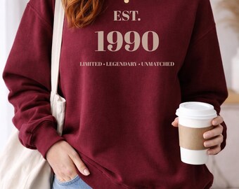 Personalisiertes Sweatshirt zum Geburtstag 1990, limitierte Vintage-Rundhalsausschnitt-Edition „EST 1990“, individuelles Geburtsjahr-Geschenk für Frauen, personalisiertes Geburtsjahr