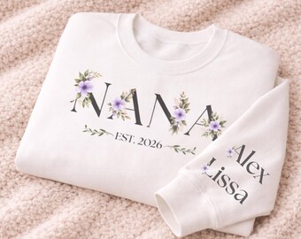 Personalisiertes Oma-Sweatshirt mit Blumenmuster, individuelles Geschenk für Oma, Oma-Geburtsjahr, Sweatshirt mit Ärmelnamen, Muttertagsgeschenk