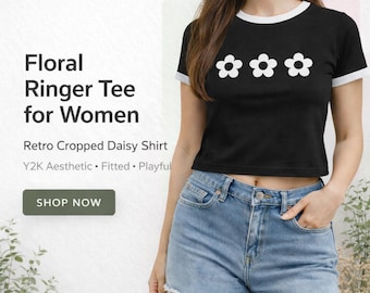 Damen-T-Shirt mit Blumenmuster | Retro-Crop-Shirt mit Gänseblümchenmuster, figurbetontes Top im Y2K-Stil