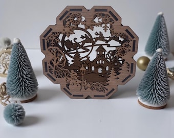 Santa Village Scene Candle Holder, Wooden Christmas Decor.