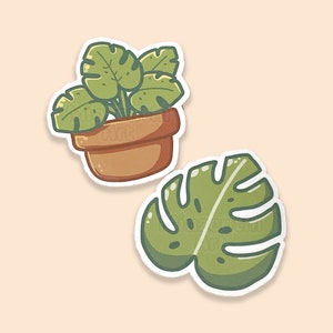 Monstera Leaf Plant Stickers Pack of 2, Laminated Die-cut Cute Stickers, Original Art Gifts for Plant Lovers