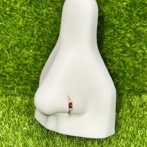 May include: Gold nose ring with a red gemstone and clear cubic zirconia accents.