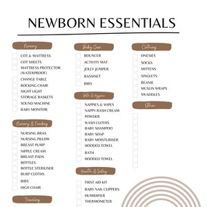 May include: A checklist of essential items for a newborn baby, organised into categories such as nursery, baby gear, clothing, bath and hygiene, health and safety, and for mum. The checklist is presented on a white background with brown and beige accents.