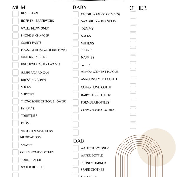 Mum and Baby Hospital Bag Checklist / Instant Download / Fully Customisable