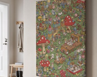 Whimsical Mushroom Village Canvas Art, Detailed Fantasy Scene Print, Storybook Wall Decor, Playful Framed Art, Unique Gift for Kids