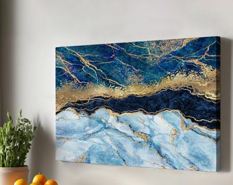 Blue and Gold Marble Canvas Painting – Abstract Wall Art