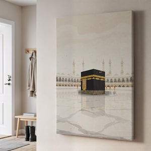 Arte mural en lienzo de la Kaaba, impresión de la Meca Sagrada, decoración islámica para el hogar, regalo espiritual enmarcado para Ramadán, Eid y reflexión pacífica.