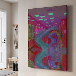Glitch estetisk kanvastavla, Vaporwave Neon Pool-tryck, surrealistisk Dreamcore-väggdekor, trippy-present för alt-rum och kreativa sinnen