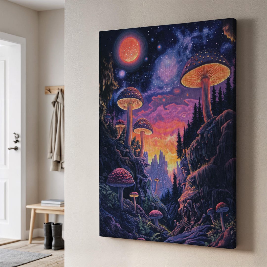 Psychedelic Mushroom Forest Canvas Wall Art, Fantasy Night Sky and ...