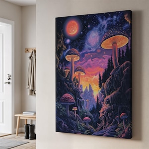 Psychedelic Mushroom Forest Canvas Wall Art, Fantasy Night Sky and Giant Fungi Landscape, Trippy Nature Scene, Framed Decor for Dreamy Rooms