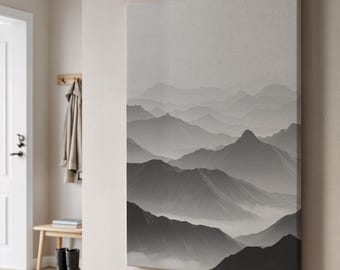 Gray Misty Mountains Canvas Art, Minimal Landscape Wall Print, Serene Nature Decor, Calm Neutral Room Accent, Framed Modern Home Gift