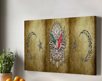 May include: A vintage-style canvas print featuring a detailed illustration of the Ottoman Empire's coat of arms. The design includes a crescent moon, a star, and a stylized eagle with swords and flags. The background is a textured, aged parchment-like paper.
