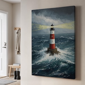 May include: A canvas print depicting a lighthouse in a turbulent sea. The lighthouse is painted with red and white stripes, topped with a black lantern room. The sea is rough, with waves crashing against the lighthouse base under a stormy sky.