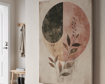 Quadro su tela floreale astratto, arte minimalista moderna con foglie e forme geometriche, decorazione da parete dai toni terrosi, regalo con cornice per interni contemporanei.