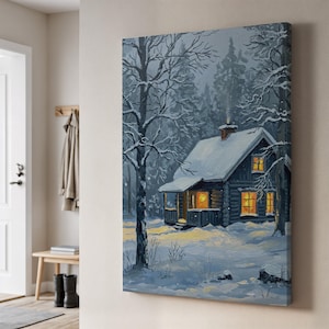 Cozy Cabin Snow Canvas Wall Art, Winter Forest Night Painting with Lights, Rustic Woodland Decor, Framed Gift for Warm Country Home
