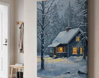 May include: A canvas print of a winter cabin scene. The cabin is nestled in a snowy forest, with snow-covered trees and a glowing interior. The artwork is dominated by cool blues and whites, with warm yellow light emanating from the windows.