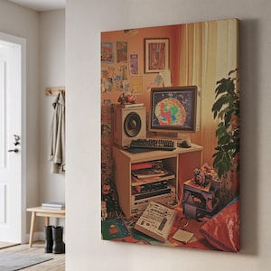 May include: A canvas print showing a retro computer setup. The image features a vintage computer monitor displaying a colourful world map, a keyboard, and a speaker. The room is decorated with posters and a plant, creating a nostalgic feel.