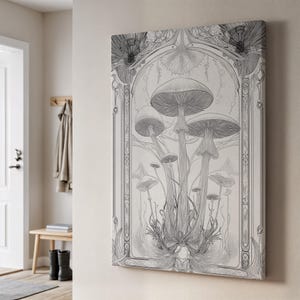 Arte en lienzo con bocetos de hongos, dibujo detallado de hongos en blanco y negro, decoración de pared botánica, obra de arte natural de inspiración vintage