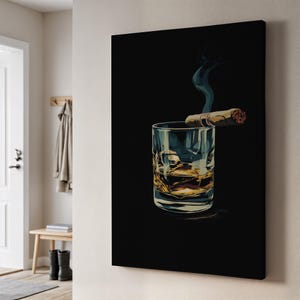 Whiskey and Cigar Wall Art, Minimalist Bar Decor Canvas, Dark Masculine Drink Illustration, Retro Lounge Print Gift for Men or Smokers
