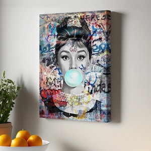 Audrey Hepburn Banksy Style Wall Art Bubble Gum Poster, Hepburn Canvas Print, Portrait Wall Art, Framed Portrait Canvas Wall Decor