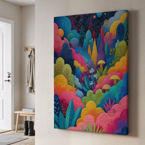 Lienzo con vibrantes obras de arte abstractas de bosque, colorido paisaje de fantasía con hongos y árboles, decoración de pared con un toque natural, obra de arte colorida y audaz.