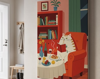 Canvas kunstwerk met een gezellige kattenbibliotheek, een speelse lezende kat, ingelijste print