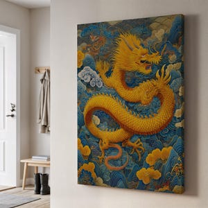 Golden Dragon Canvas Art, Intricate Dragon Design with Clouds and Waves, Traditional Chinese Style Wall Decor, Powerful Mythical Artwork