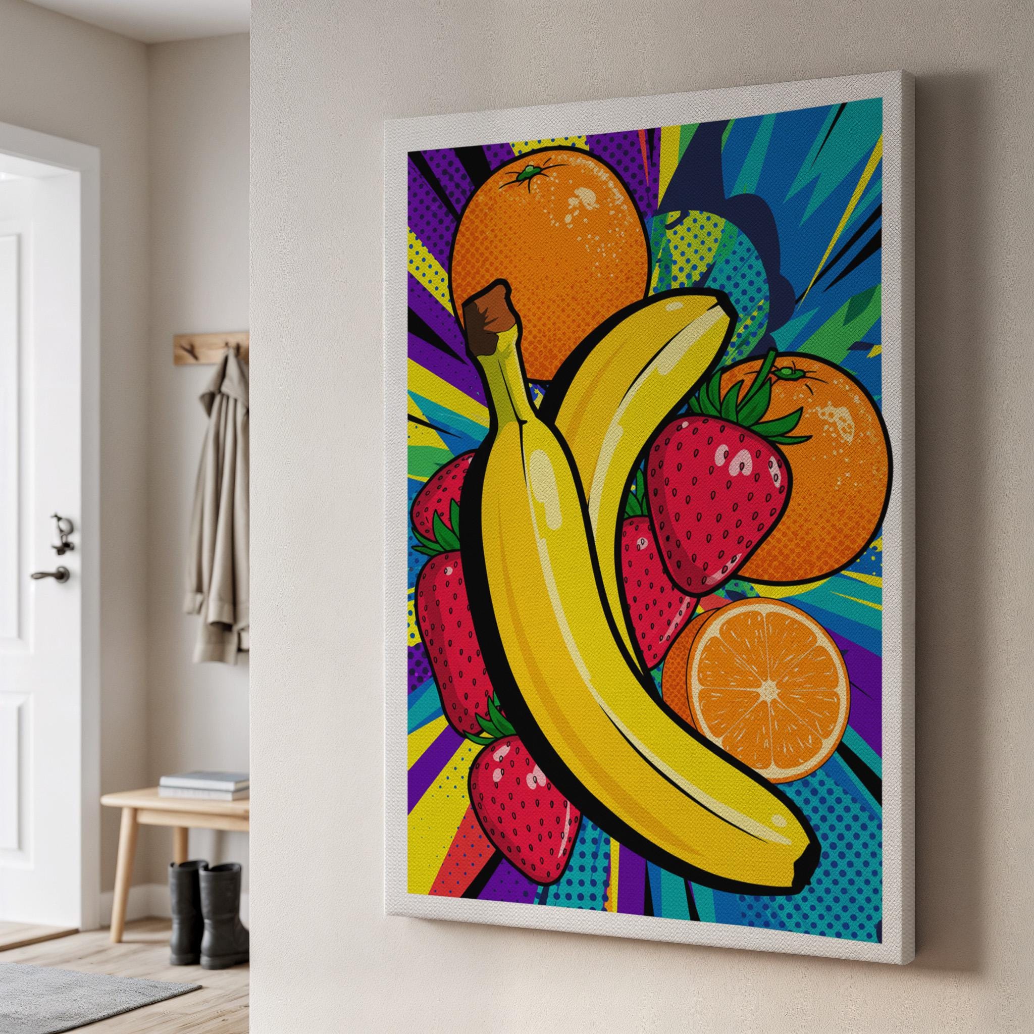 Pop Art Fruit Kitchen Wall Art, Banana Strawberry Orange Canvas