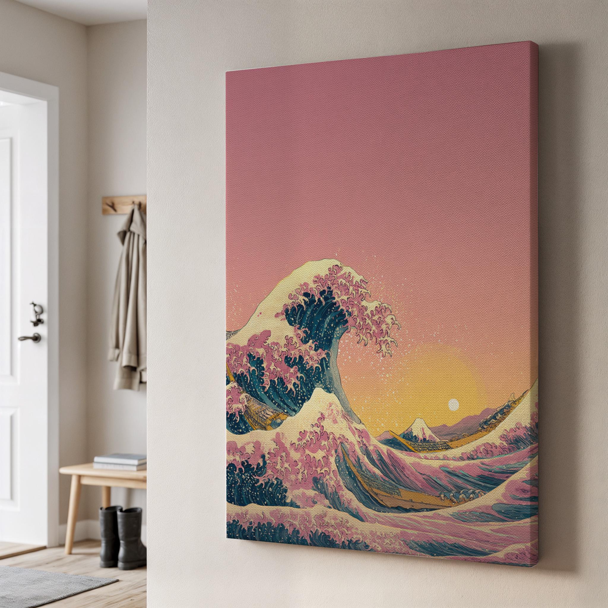 Pastel Wave Canvas Wall Art, Japanese Ocean Sunset Print, Mount