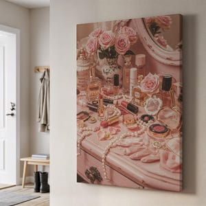 Vanity Table Canvas Wall Art, Pink Perfume and Makeup Print, Feminine Glamour Scene,Framed Vintage Beauty Decor for Boudoir or Dressing Room