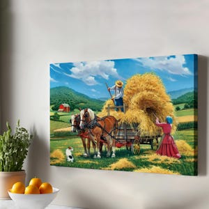 Bauern, die Heu auf Pferdewagen laden Wandkunst, große Wandbehang, Wohnkultur Leinwand, Housewarming Geschenke, Leinwand Raumdekor