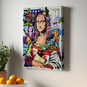 Impression sur toile colorée Mona Lisa Banksy, street art, pop art, décoration murale street modern, grande art mural, art mural encadré