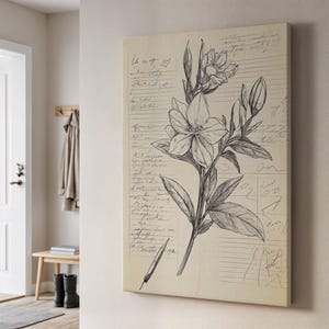 Lienzo con boceto botánico, ilustración de flores dibujada a mano con letras vintage, impresión artística minimalista, regalo enmarcado para amantes de la naturaleza.