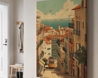 Lisbon Cityscape Canvas Art, Vintage Tram, European Street Scene