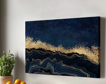 Blue and Gold Marble Effect Canvas Painting - Modern Framed Wall Art